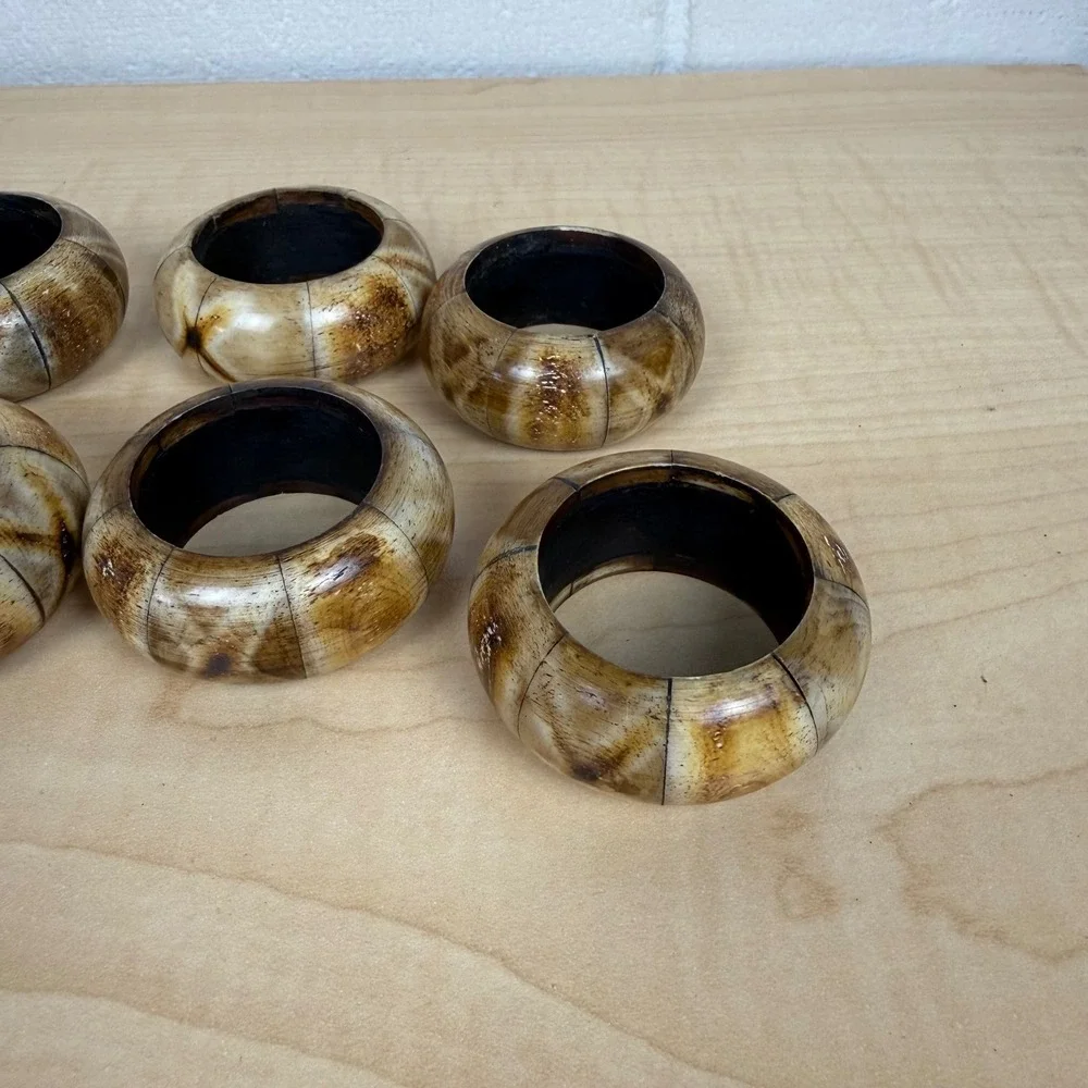 Vintage Bohemian Style Bovine Bone Round Napkin‎ Rings Set of 6 Polished